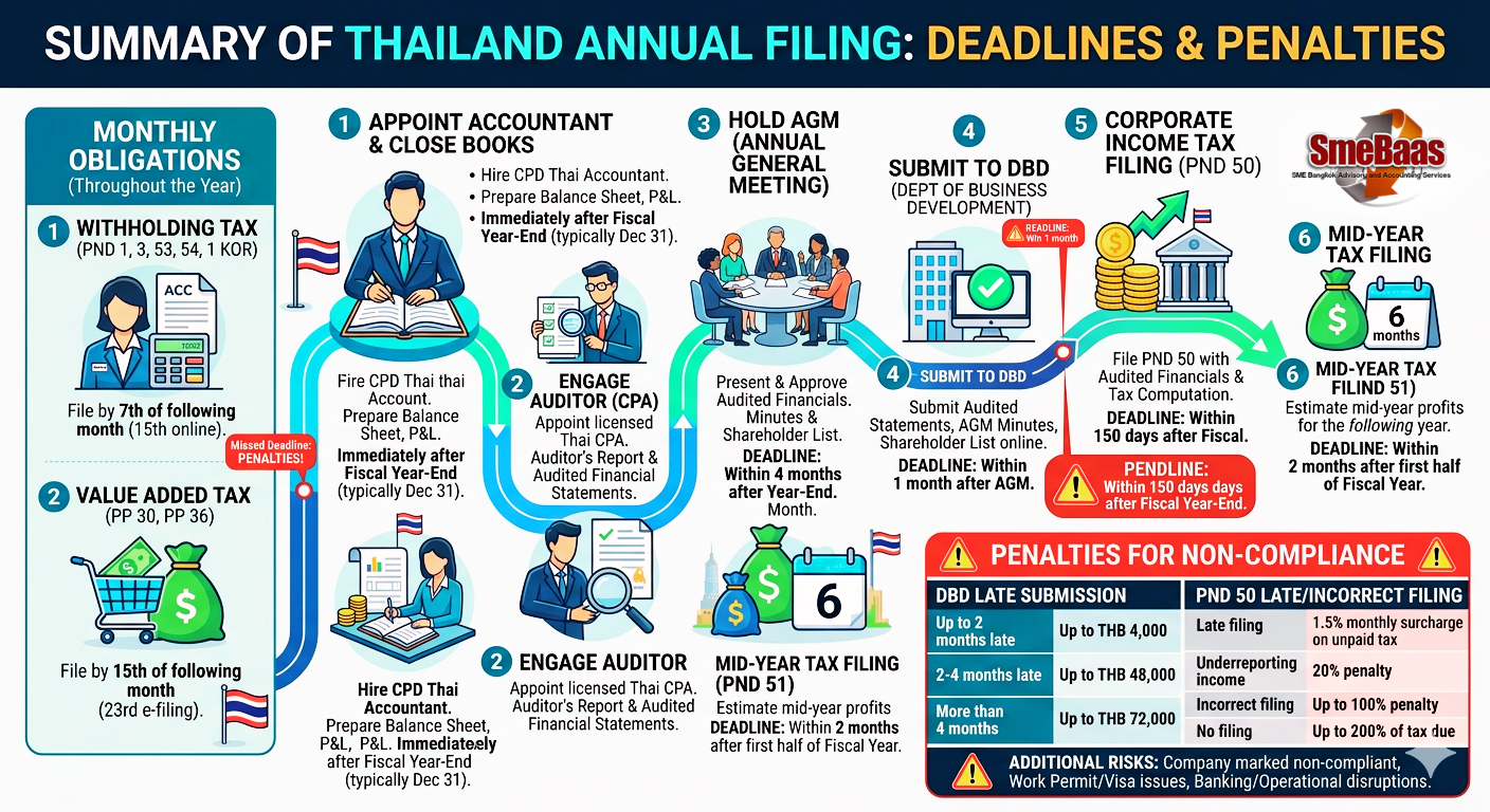 Thailand company tax filing process — professionals reviewing financial statements in a Bangkok office